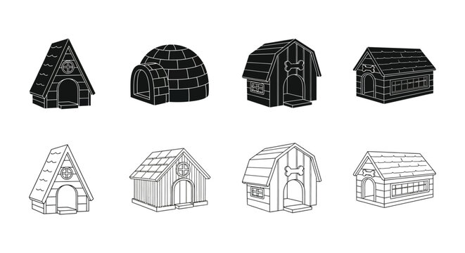 Collection of different dog houses in both solid and outlined styles a visual silhouette