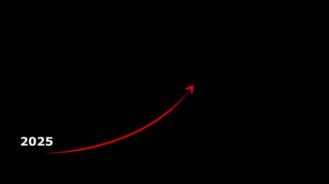 Upward trending arrow graph with 2025 year label on black background for business growth and financial success concept