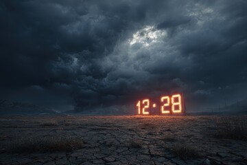Climate clock counting down to doomsday as storm clouds gather over a cracked landscape signaling urgent need for climate action