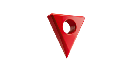 Red triangular geometric pointer with circular cutout glossy three dimensional abstract shape isolated on white background