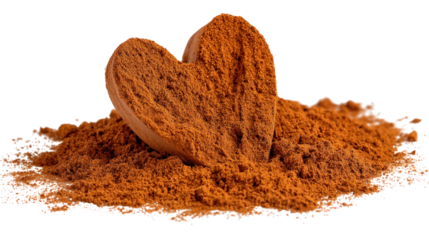 Heart shaped cinnamon powder pile for flavoring aromatic cooking and baking ingredient