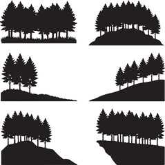 collection of pine tree silhouettes on hills and grassy slopes