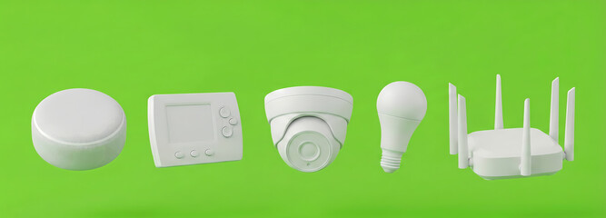 A collection of essential white smart home devices including a hub, thermostat, security camera, light bulb, and Wi-Fi router, all against a bright green background.