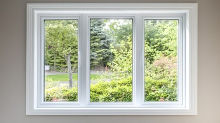 Obraz premium pvc. Modern white PVC window installed in a residential room, allowing natural daylight to fill the neutral interior space. real-estate listings.