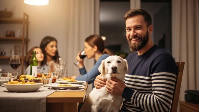 Man sitting with dog at dinner table with family in background smiling