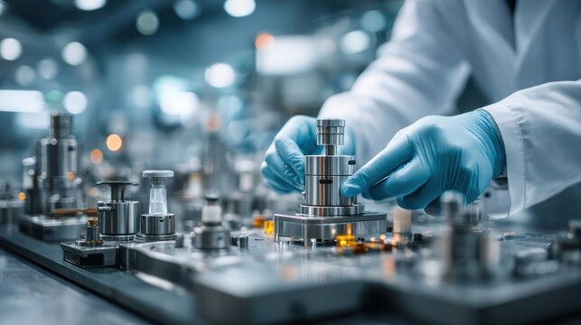 A person in lab coat and gloves meticulously assembling metal components on a workbench