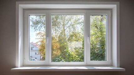 pvc. Modern white PVC window installed in a residential room, allowing natural daylight to fill the neutral interior space. real-estate listings.