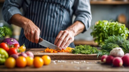 Chef meticulously chopping fresh carrots on a wooden cutting board in a kitchen.