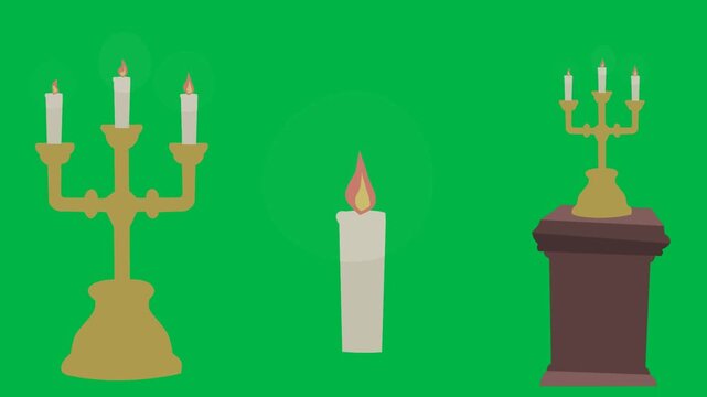 Golden candelabra with lit candles and single white candle on pedestal against green screen chromakey background. Perfect for 2d animated cartoon animation in spooky, gothic, or mystery scenes.