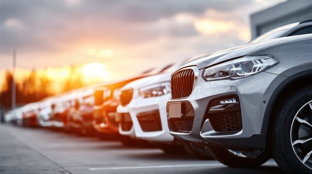 Luxury SUVs parked in a row at sunset, showcasing modern automotive design