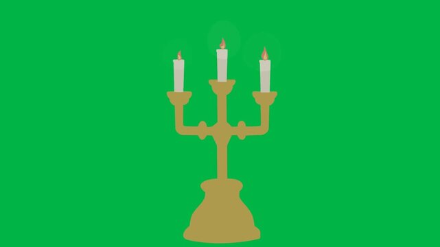 Ornate golden candelabras with flickering candles on green screen chromakey background. Suited for 2d animated cartoon animation depicting elegant haunted mansions or magical rituals.