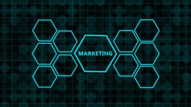 Digital Marketing Strategy Infographic Futuristic High-Tech Business Atmosphere Animated Cyan HUD Interface Motion Graphics,Integrated Marketing Solutions Ecosystem Professional Technology Growth.