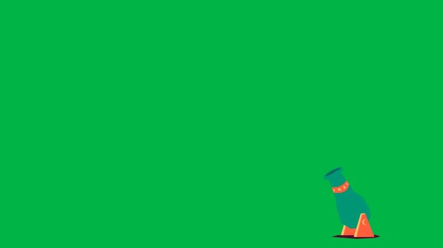 Wand pointing downward with wizard hat nearby on green screen chromakey background. Suitable for 2d animated cartoon animation of magic spells or sorcerer actions in fantasy stories.