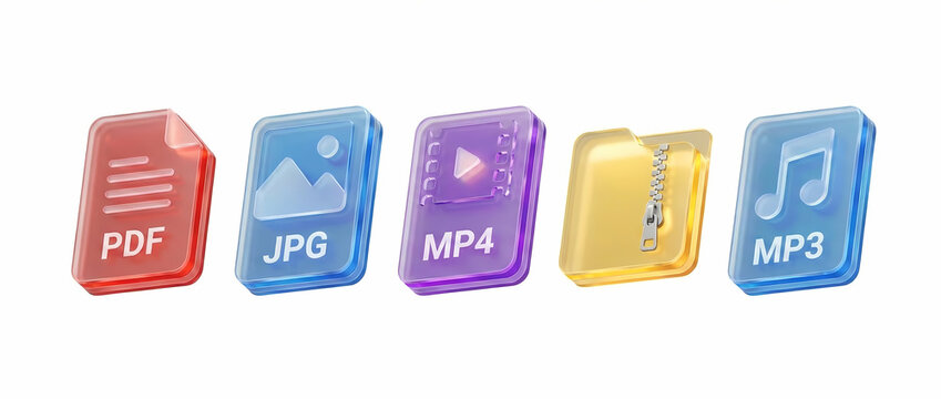 A row of five glossy, translucent 3D icons representing various digital file types including PDF, JPG, MP4, ZIP, and MP3, displayed on a white background.