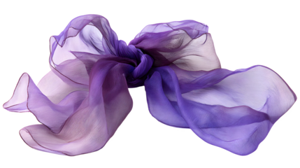A sheer chiffon ribbon in ombre purple fading from dark to light, tied in a elegant bow, isolated on white background for decorative and design purposes