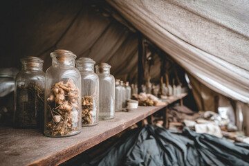 Napoleonic field hospital scene with glass jars containing dried herbs and medical supplies on wooden shelf under canvas tent evoking historical and somber atmosphere
