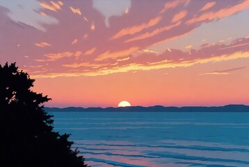 Vibrant sunset sky over tranquil ocean waters with dark tree silhouette