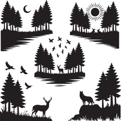 black silhouettes of forest landscape with animals and trees
