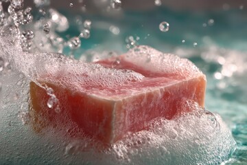 Fototapeta premium Realistic depiction of a bar of soap immersed in bubbles with droplets on a surface, showcasing its texture in a clean, vibrant setting during daylight hours