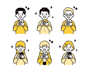 スマートフォンを見て喜ぶ・感激する、様々な年齢の男女の人物のベクターイラスト素材セット