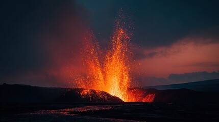 Fototapeta premium flung. Volcanic eruption at dusk with molten lava against a dark sky. ESG reports, sustainability campaigns, nonprofit outreach, designed for environmental awareness campaigns, used by clinicians.