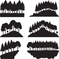 black silhouettes of trees on hills and cliffs