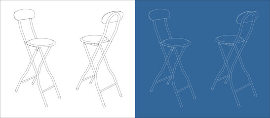 Isometric Folding Chair Technical Drawing with 3D Wireframe Perspective