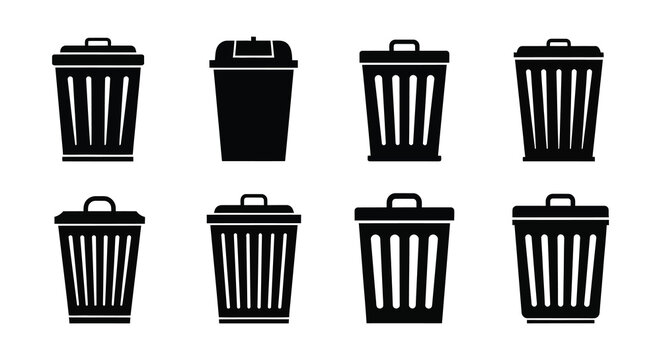 A collection of various trash can designs presented as stark black shapes silhouette