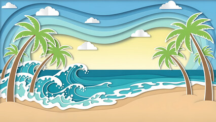 Obraz premium Paper cut style tropical beach with palm trees and ocean waves