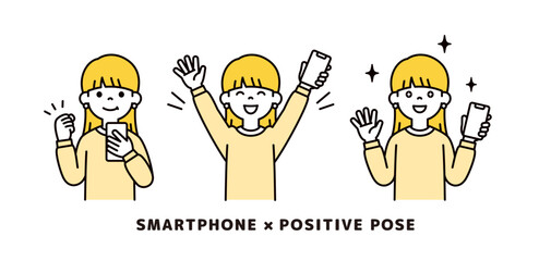 スマートフォンを手に、ポジティブな表情・ポーズをする若い女性のベクターイラスト素材セット