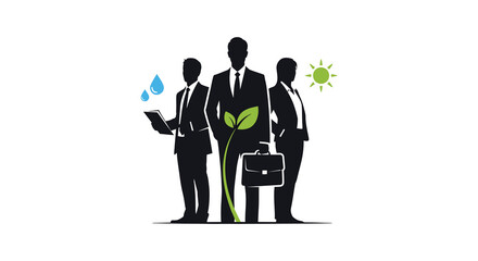 Business professionals with a growing plant representing sustainable growth and corporate responsibility silhouette