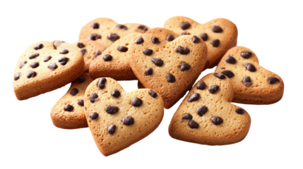 Heart shaped cookies pile with chocolate chips on transparent background isolated