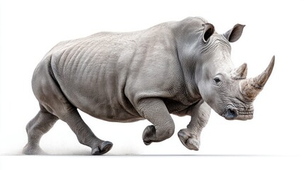 Obraz premium A powerful white rhinoceros charging forward on a clean white background