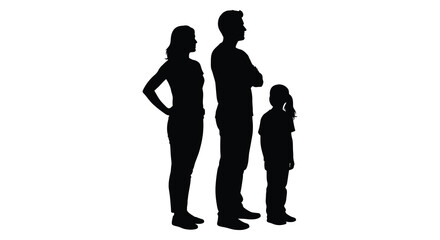 a family of three stands together in a dark solid striking silhouette