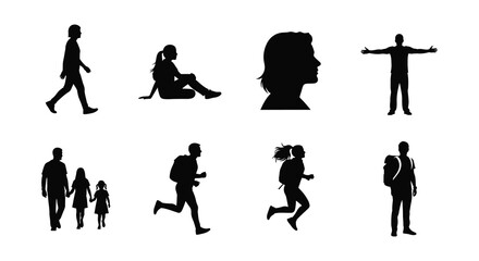 A collection of various black silhouettes depicting people in different poses and activities silhouette