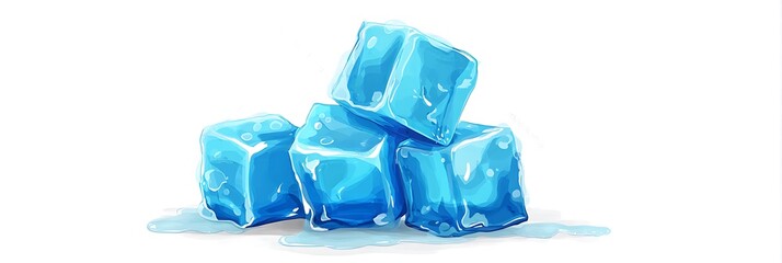 A blue bow tie and ribbon are isolated on a white background alongside a clear, frozen ice cube reflecting cool light and liquid freshness