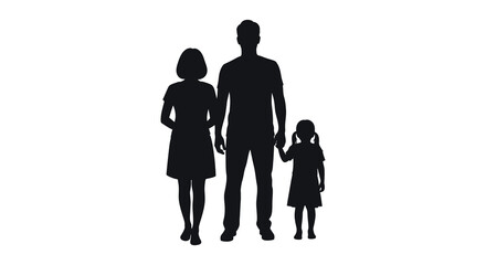 A family of three stands together a mother father and daughter in silhouette