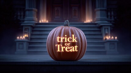 Halloween pumpkin with glowing text in front of a spooky house