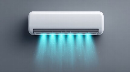 Air conditioner emitting cool air on a gray wall.