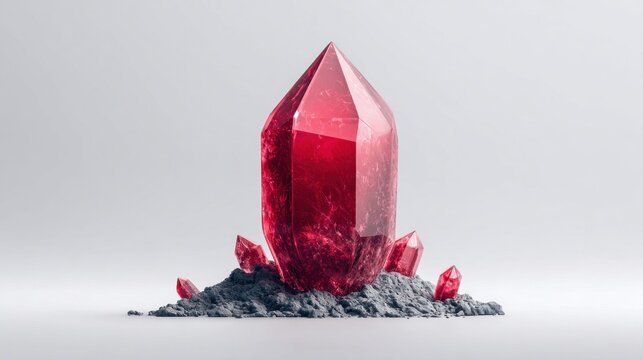 Vibrant red crystal formation on a bed of dark gray mineral against a white background