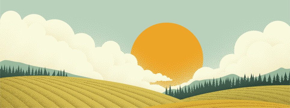 Fields rolling hills and mountains farm landscape background illustration with countryside mountains, sunrise sun, clouds and trees. Original rural background drawing in vintage pointillism dot style
