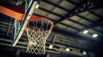 dunk. Basketball in mid-air against hoop net during sports action moment. event key visuals, club posters, designed for sports event promotions and stadium branding, used by fitness trainers.