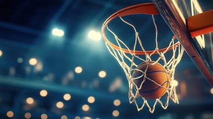 dunk. Basketball in mid-air against hoop net during sports action moment. event key visuals, club posters, designed for sports event promotions and stadium branding, used by fitness trainers.