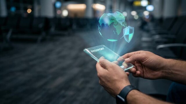 Digital passport featuring hologram globe and security shield in airport lounge waiting area
