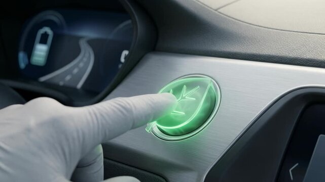 Eco mode button pressed electric car dashboard with green leaf icon for energy saving control panel
