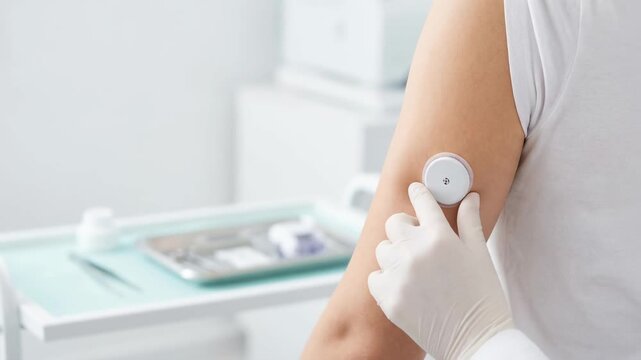 Medical professional using stethoscope on patient arm with healthcare doctor applying adhesive patch