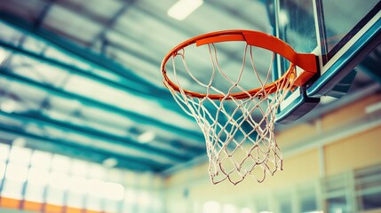 dunk. Basketball in mid-air against hoop net during sports action moment. event key visuals, club posters, designed for sports event promotions and stadium branding, used by fitness trainers.
