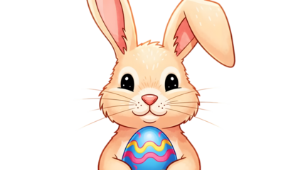 Easter bunny holding colorful egg isolated on transparent background