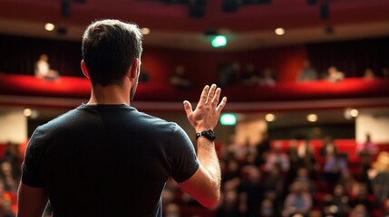 praise. A person expressing warm appreciation with a blurred auditorium in the background, capturing gratitude. wellbeing guides.