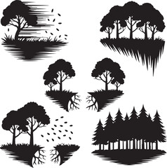 black silhouettes of trees on grassy patches